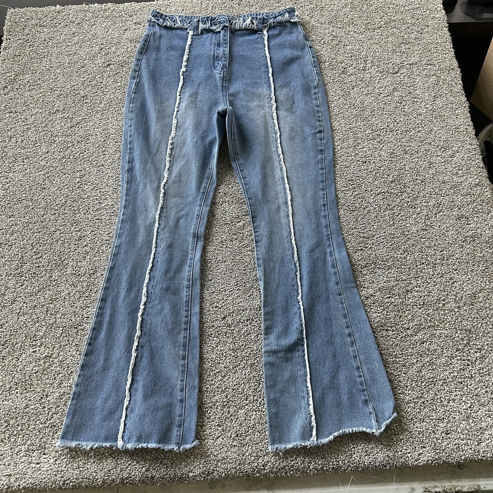 Nasty Gal High Rise Flare Jeans Womens 10 Med Wash Blue Distressed Fringe Denim